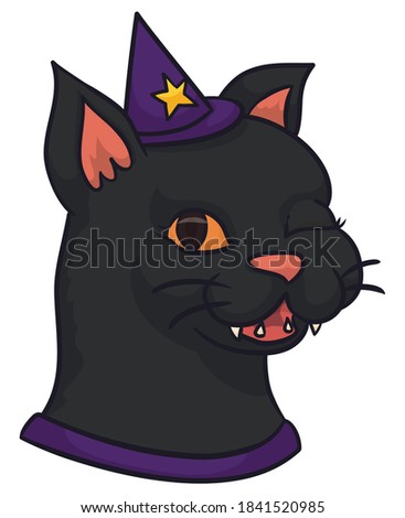 Female black cat wearing a tiny witch hat and winking at you, isolated over white background.