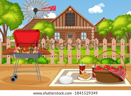 Picnic scene with food on the table and BBQ grill in the garden illustration
