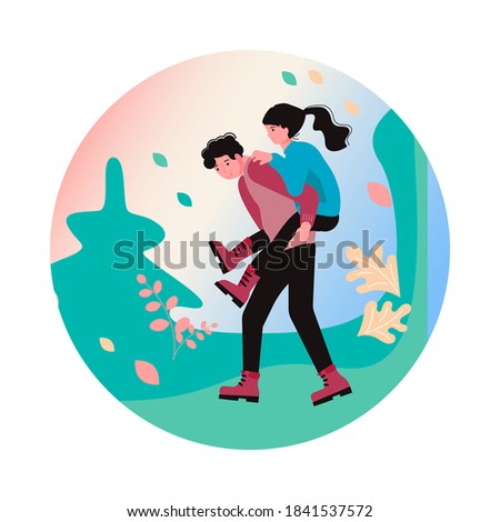 Hiking trekking and camping in nature Social Media Story highlight icon. Happy man and woman backpackers hikers travel together. Flat Art Vector Illustration