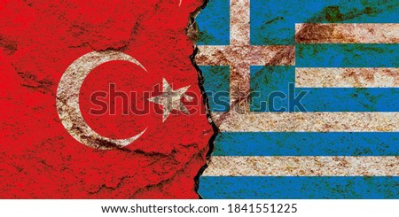 Turkey vs Greece flags icon isolated on weathered cracked rock wall background, abstract Turkey Greece geopolitical politics culture conflicts concept texture wallpaper