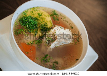 Diet soup with a small piece of pork and potatoes. Lean broth. Nutrition for gastritis.