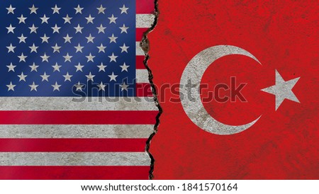 Grunge USA VS Turkey national flags icon on weathered cracked dirty wall background, abstract US Turkey politics culture relationship conflicts concept texture wallpaper
