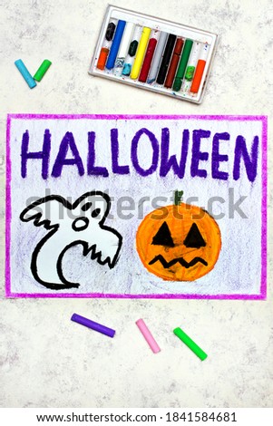 Colorful drawing: Scary White Ghost and Jack-o’-lantern. Halloween drawing on white  background
