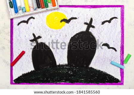 Colorful drawing: old scary cemetery at night. Halloween drawing on white  background