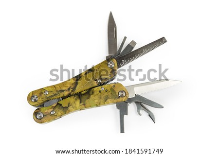 Multi-tool with folding mechanism in balisong-style, folded handles and open different tools on a white background, top view 
