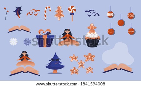 Set of cute isolated characters and elements connected with Christmas and fairy tales. Purple background. Flat style illustration.