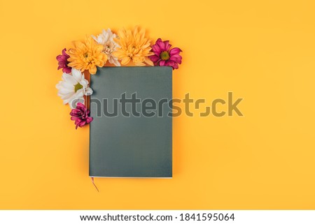 Mix of different colors next to a black notebook, a gift for any occasion, a gift to your loved one on a yellow background.