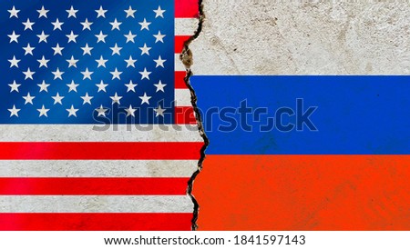 USA VS Russia national flags icon on weathered cracked concrete wall background, political conflicts concept texture wallpaper