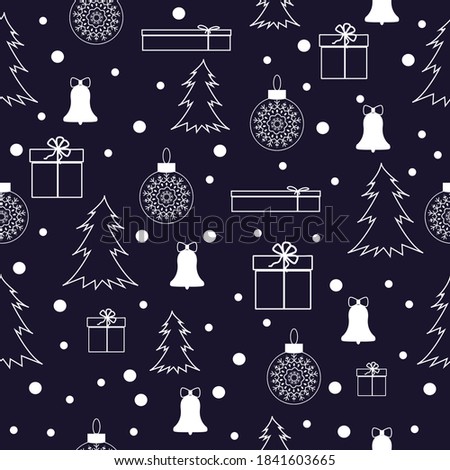 Christmas background. Symbols of the winter season for Christmas tree, gift, bell, snowflakes. Christmas attributes. Vector illustration