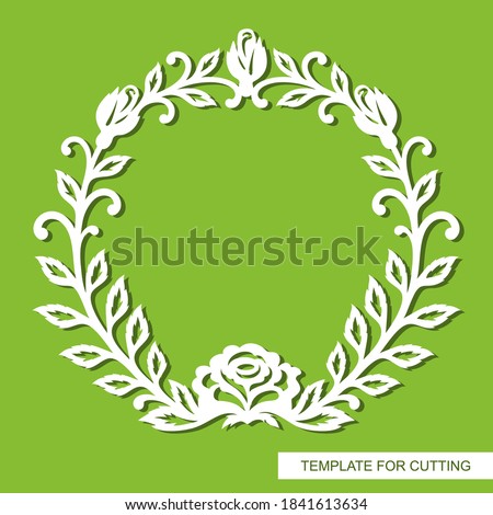 Floral decorative frame made of leaves, twigs, curls and rose flowers. White round pattern on purple background. Scrapbooking element. Template for laser plotter cutting of paper. Vector illustration.