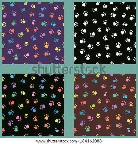 Set of seamless patterns with colorful prints of cat, dog or other animals. Vector illustration for design