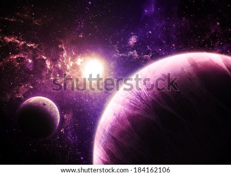 Pink Planet and Moon Over a glowing Star - Elements of this image 