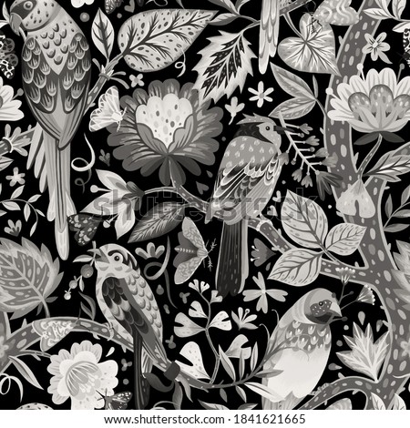 Bright summer exotic seamless pattern. Ethereal tropical plants, flowers and birds, Black and white animal botanical background. Garden of Eden. Fashion design for textile, fabric, clothes.