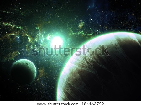 Green Planet and Moon Over a glowing Star 