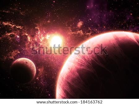 Pink Planet and Moon Over a glowing Star 
