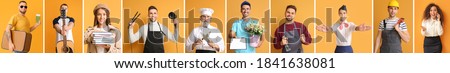 Collage with different people of different professions on orange background Royalty-Free Stock Photo #1841638081