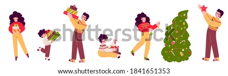 Cartoon christmas family set, vector flat cartoon illustration.