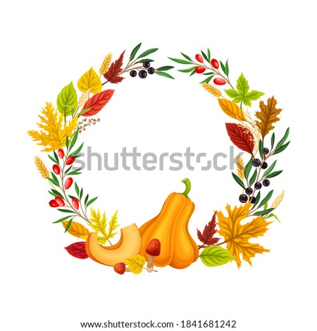Wreath with Autumn Foliage with Pumpkin and Berry Twigs Vector Composition