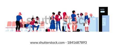 People in airport terminal registering for departure, waiting for the flight, going through passport control. Vector flat illustration.
