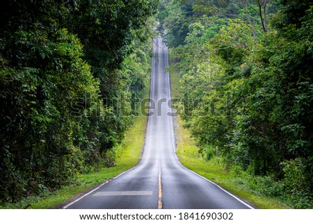 Straight road in countryside on hill slope surrounding by green trees inside tropical rainforest area. Royalty-Free Stock Photo #1841690302