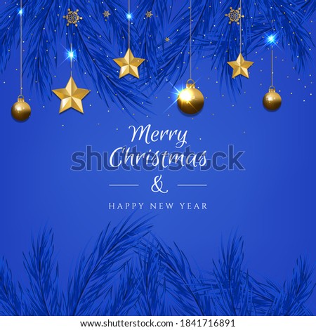 Beautiful, winter blue banner decorated with Christmas tree branches and golden balls, stars.