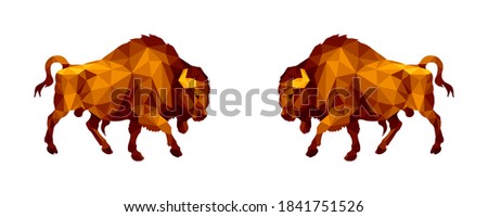 two bison, two bulls, isolated amber image on a white background in a low-poly style