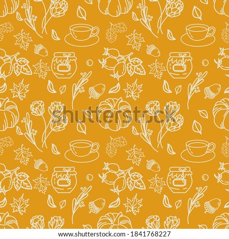 Autumn seamless yellow pattern. Rubber boots, cloud, leaves, rain, rosehip, envelope, acorn, mushrooms, scarf. Autumn seamless pattern. Great for wallpaper,  fabric, wrapping paper, surface design.