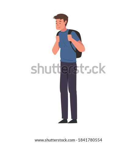 Smiling Young Man Standing with Backpack, Male Tourist Character Vector Illustration
