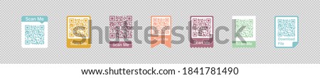 Qr code frame vector set. Scan me phone tag. Qr code mock up, mockup. Barcode smartphone id icon. Cellphone qrcode banner. Mobile payment and identity on white background. Royalty-Free Stock Photo #1841781490