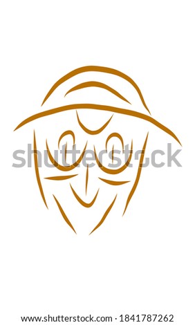 Face. Light brown lines. White background. Cartoon smile.