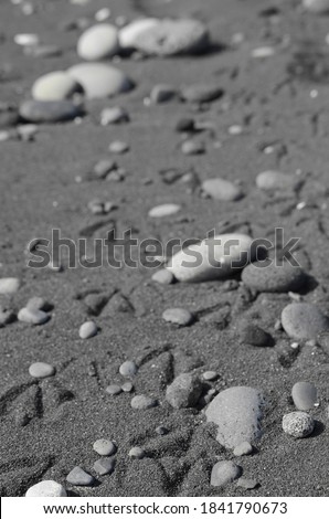 
Beach picture with small stones in black and white and bird tracks