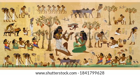 Ancient Egypt frescoes. Agriculture, fishery, farm. Old tradition, religion and culture. Hieroglyphic carvings on exterior walls of an old temple. Life of egyptians. History art  Royalty-Free Stock Photo #1841799628