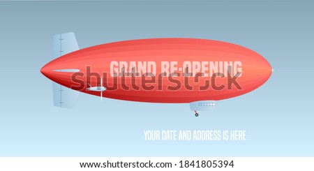 Vector retro blimp with wavy advertising banner for grand opening or re-opening illustration. Store opening or reopening soon advertising design element