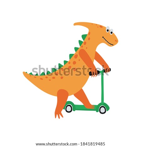 Funny dinosaur rides a scooter in cartoon style isolated on a white background. Bright cute animal characters for kids. Vector illustration