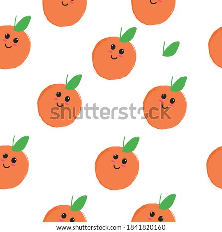 Orange seamless pattern on white background. Doodle orange fruit backdrop. Design for fabric, textile print, wrapping paper, kitchen textiles. Simple vector illustration