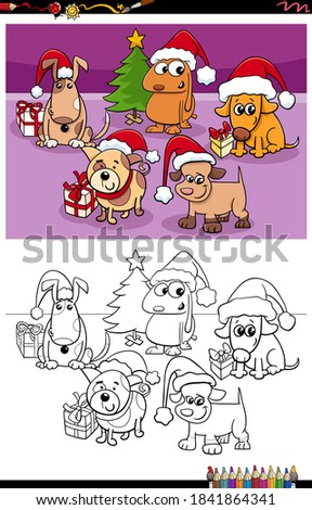 Cartoon illustration of funny dogs animal characters group on Christmas time coloring book page