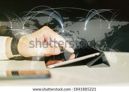 Double exposure of abstract digital world map with connections and finger clicks on a digital tablet on background, research and strategy concept