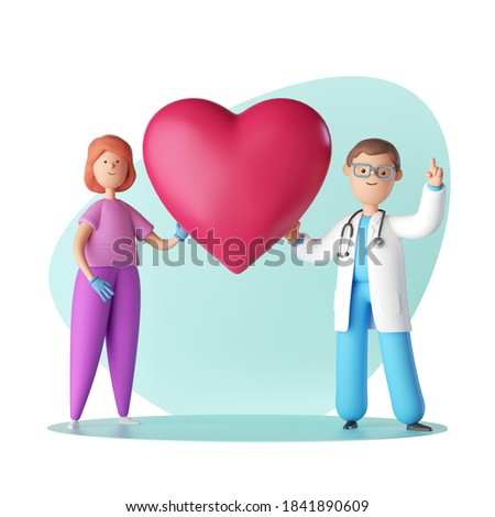 3d render, doctor cardiologist with assistant, cartoon characters hold heart shape. Healthcare clip art. Medical consultation concept