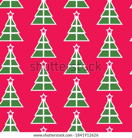 Christmas Tree Seamless Pattern. Green Xmas Trees with Stars on a Pink Background Vector Pattern. Perfect for kids apparel, fabric, textile, nursery decoration, scrapbooking, wrapping paper.