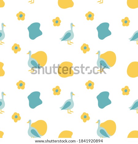 Cute vector seamless pattern with cartoon birds.  Goose, blue and yellow. Can be used to decorate children's clothes, wallpaper, bed linen, notebooks, postcards, cups, dishes.