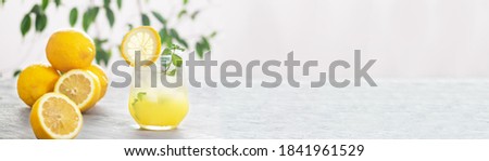 Citrus iced lemonade in the glass with lemon slice and mint leaves decoration on marble table on natural background banner. Fresh summer drink beautiful picture. Copy space