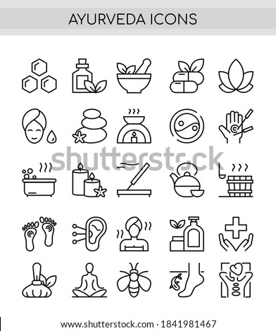 Ayurveda thin line icons set. Outline pictogram vector illustration, aroma therapy, ayurvedic collection with symbols of healthy alternative medicine, acupuncture and acupressure Royalty-Free Stock Photo #1841981467
