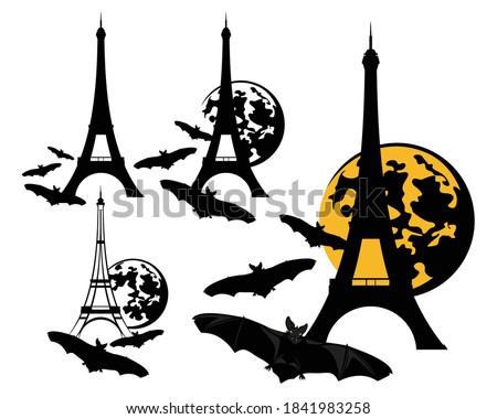 eiffel tower with full moon and flying vampire bats - halloween in Paris vector design set