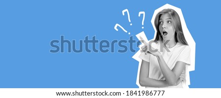 Shocked pointing at side young girl. Collage in magazine style with bright blue background. Flyer with trendy colors, copyspace for ad. Discount, sales season, fashion and style concept.