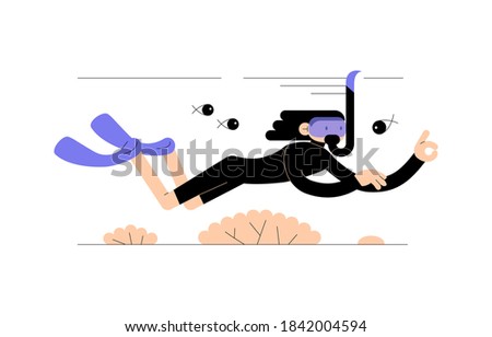 Young man swimming with mask underwater isolated on white background. Vector flat illustration. Cartoon character diving in ocean with fishes and coral. Summer activity and leisure  concept for banner