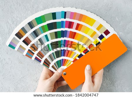 Living room design. Appartment renovation concept. Female hands holding colors palette fan on a concrete wall background.