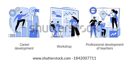 New skills gain abstract concept vector illustration set. Career development, workshop, professional development of teachers, conference and seminar, career change, job success abstract metaphor. Royalty-Free Stock Photo #1842007711