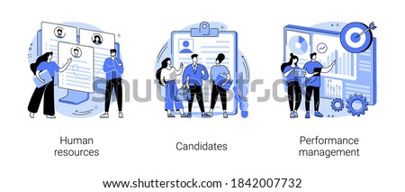 HR and headhunter service abstract concept vector illustration set. Human resources, candidates, performance management, find employee, job applicant, HR management software abstract metaphor. Royalty-Free Stock Photo #1842007732