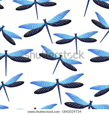 Dragonfly cool seamless pattern. Summer clothes textile print with darning-needle insects. Garden water dragonfly vector ornament. Nature creatures seamless. Damselfly butterflies.