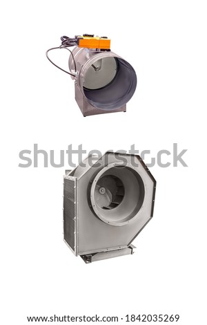 Few modern industrial fans closeup isolated on white background